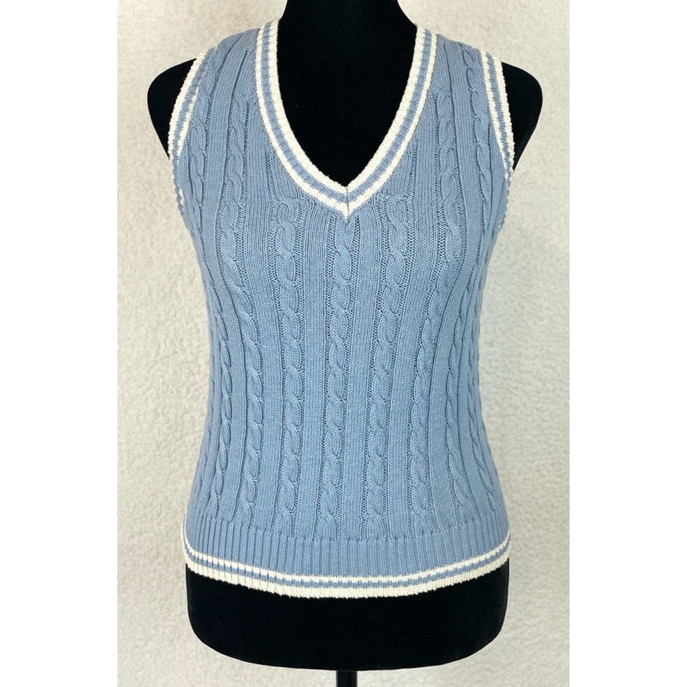 SAY WHAT • Blue/Cream Cable Knit V-Neck Cropped Sweater Vest, S